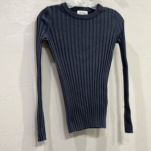 Bohme Grey Slate Blue Ribbed Crewneck Quiet Luxury Button Cuff Knit Sweater XS